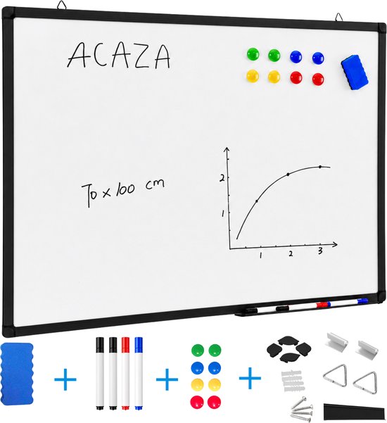 ACAZA Whiteboard - Magnetisch - 70 x 100 cm - Magneetbord - Weekplanner - Inclusief 8 Magneten, 4 Stiften, Wisser en Pennenbakje - Whiteboard Stiften - Weekplanner Whiteboard - Maandplanner - Magneten Whiteboard - Memobord