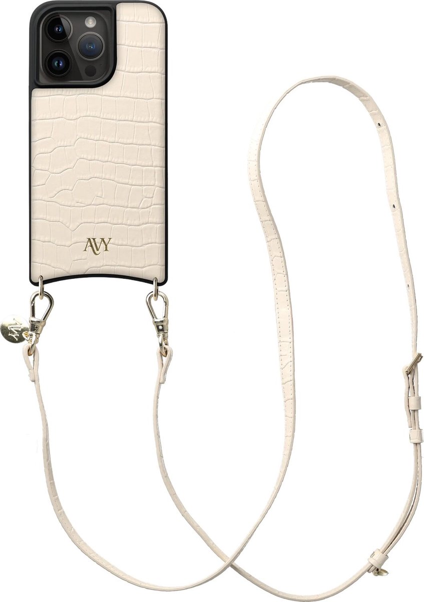 AVY Leren Hoesje Geschikt voor Apple iPhone 15 Pro | Compatibel met MagSafe | Leather Case met Telefoonkoord | Crossbody | Croco Beige | Long Leather