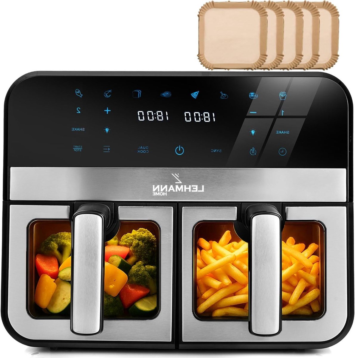 Heteluchtfriteuse XXL - Airfryer - Gezond Koken - Dubbele Kamer - 9 Liter - Zilver
