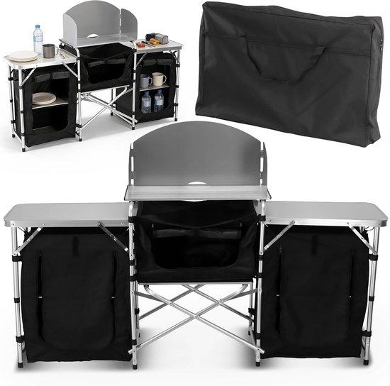 Kampeerkeuken - Opvouwbaar meubel - Buiten koken - Met windscherm - 175x40x111cm - Zwart — afbeelding 4