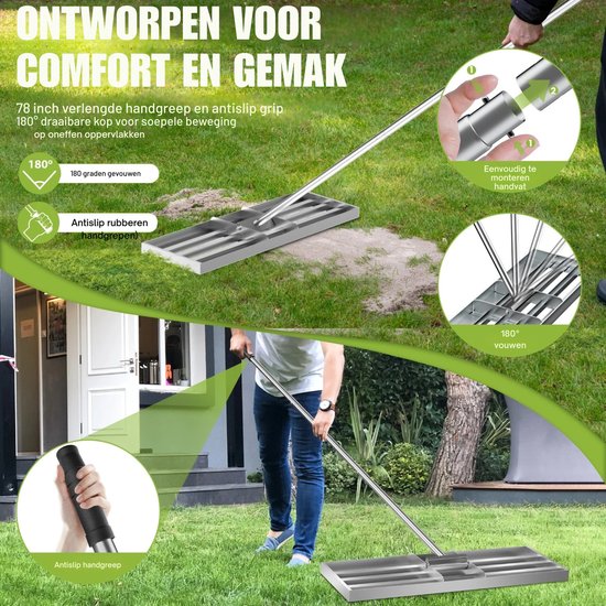 Damenzo - Hark - Gazonhark - Tuingereedschap - Egaliseren - Egaliserende hark - Tuin - Gazon - 115x25cm - Staal - Zilver van damenzo — afbeelding 4
