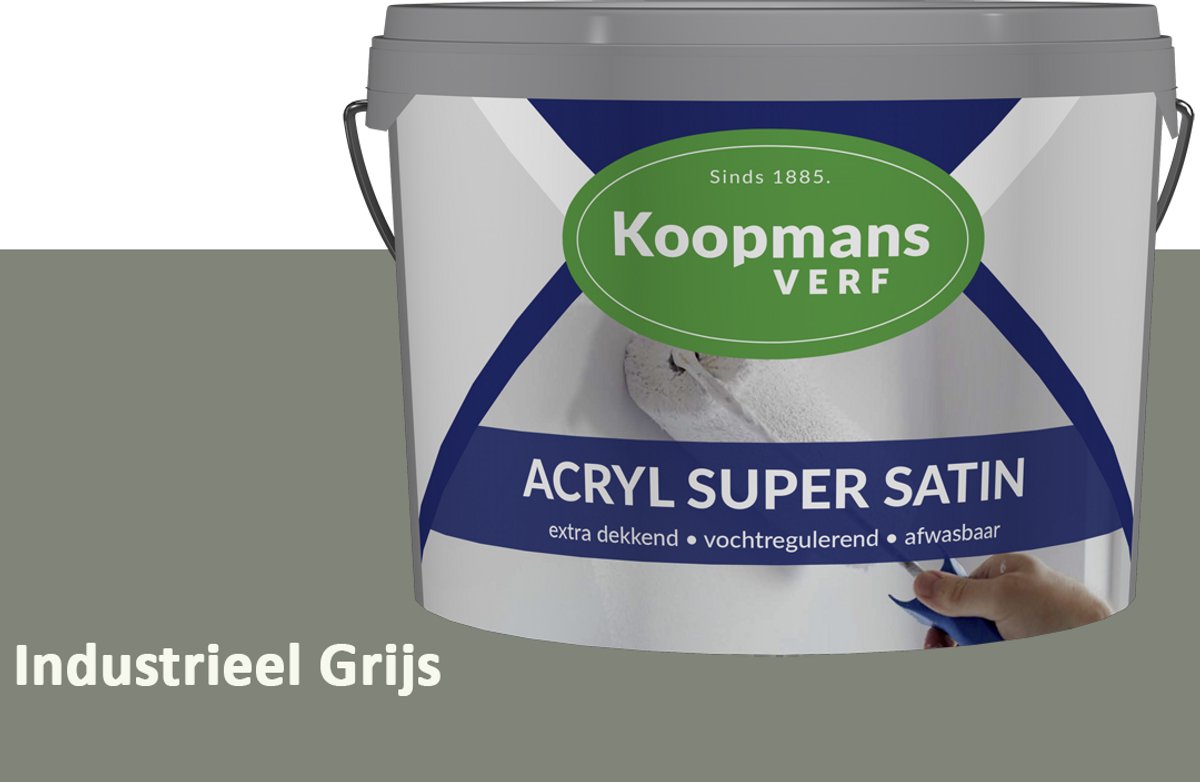 Koopmans Acryl Super Satin Zijdeglans Muurverf – Reinigbare Binnen- en Buitenverf voor Muren & Plafonds – Industrieel Grijs – 1 l
