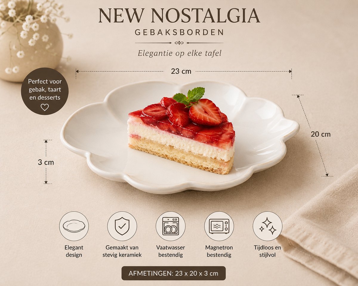 Schäfer Nostalgia Gebaksborden – 23x20x3 cm – Keramische Dessertborden– Wit – Vintage Design