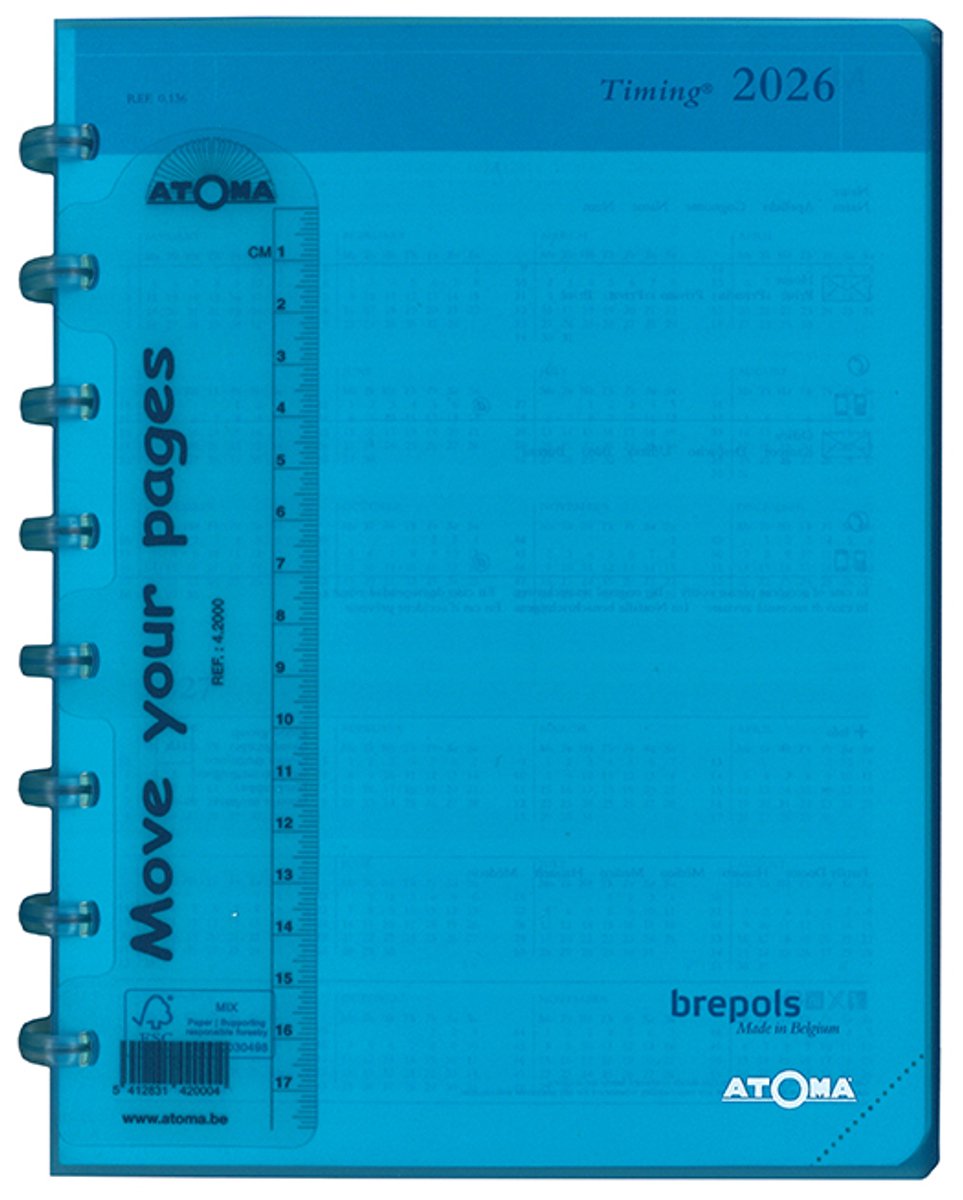 Brepols agenda 2026 - TIMING - ATOMA - Bureau agenda - 1 week op 2 pagina's - Kolom - Weekoverzicht - Turkoois - 18 x 22 cm