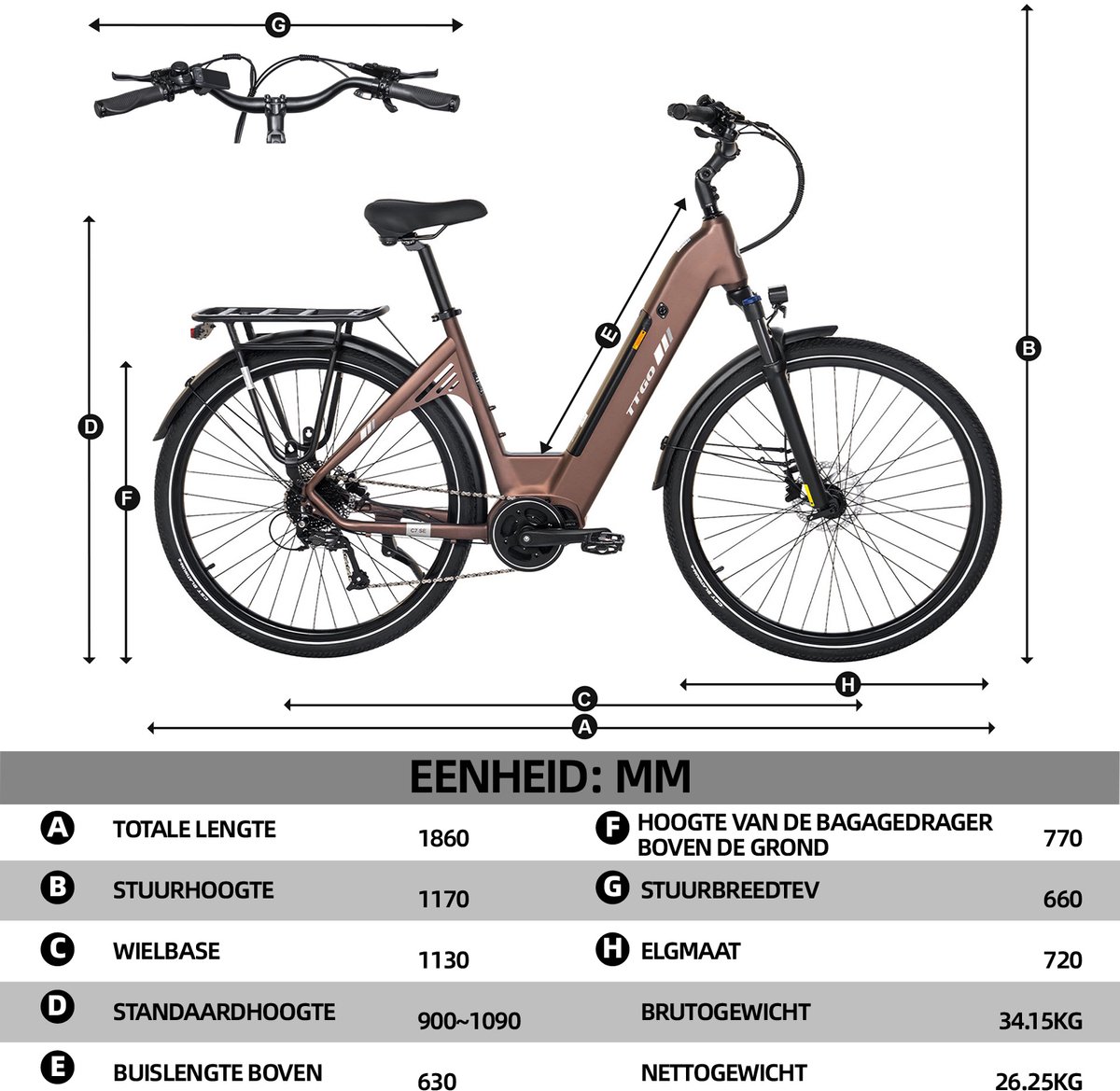 Elektrische Stadsfiets TTGO C7 SE - 28 INCH Banden - 250W Bafang Middenmotor - 36V18Ah Accu - Bereik tot 140km - Shimano 9 Versnellingen - Bruin thumbnail 5