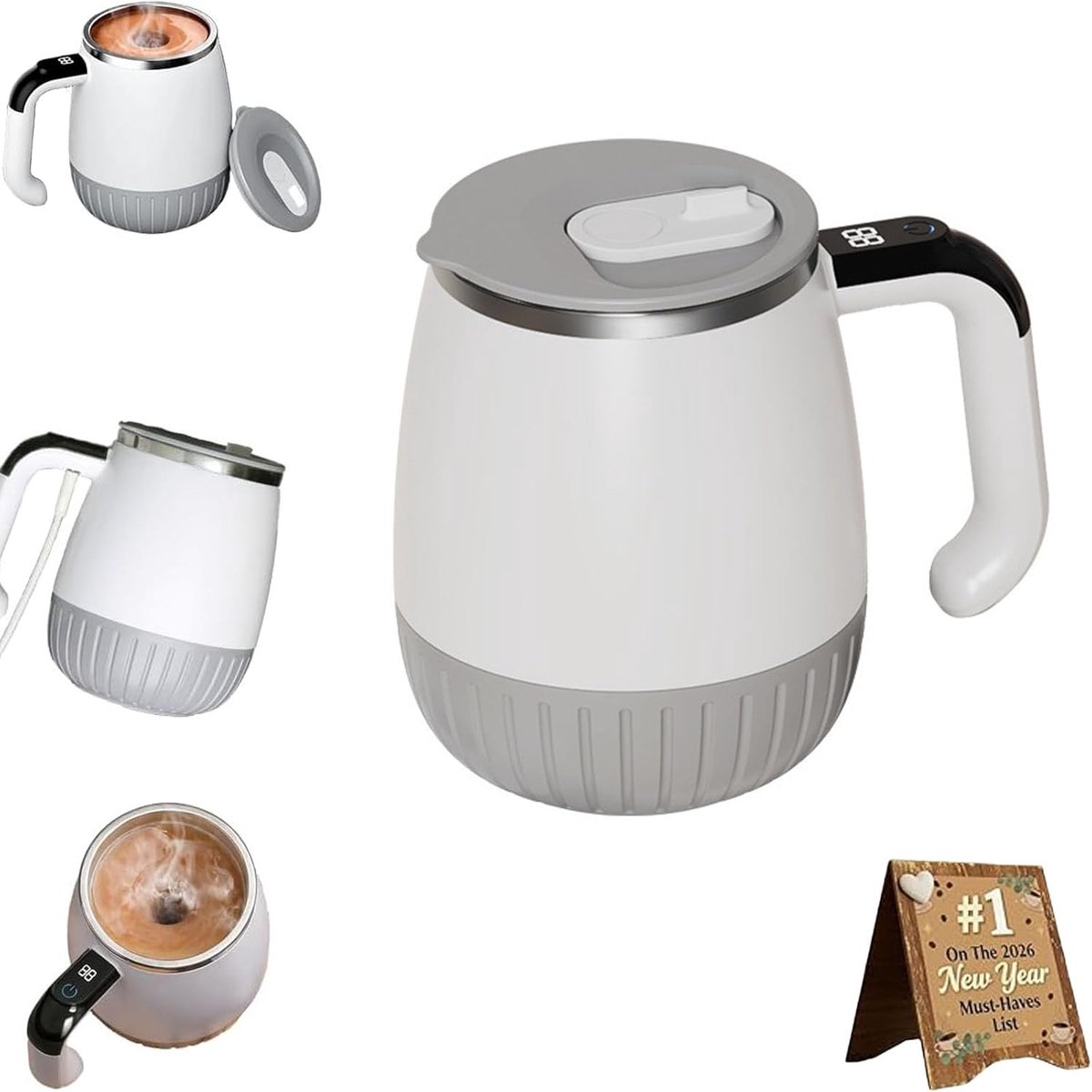 Elektrische melkopschuimers - Elektrische roerbeker - Zelfroerend koffiebeker - Koffiemokken - Temperatuursweergave - Reisbeker voor Koffie en Melk - Wit - 380ML