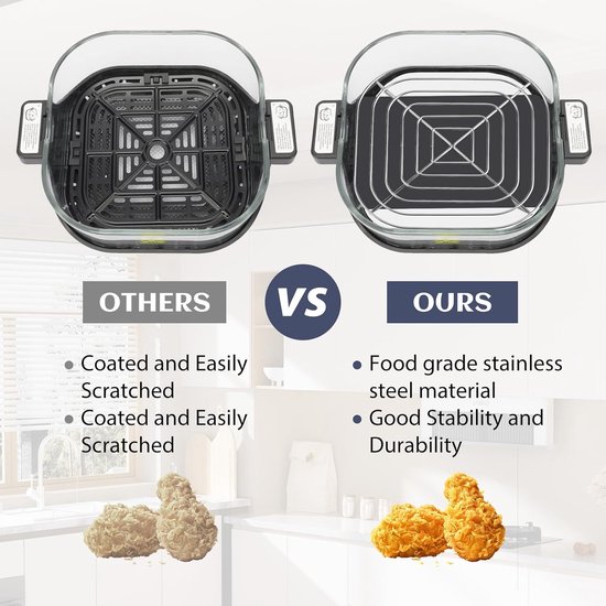 Vergelijking van airfryer manden: de ene is gecoat en krast makkelijk, de andere is van roestvrij staal met goede stabiliteit.