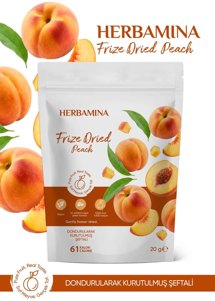 Herbamina Gevriesdroogde Perzik Snack 20 g – Freeze Dried Peach – 100% Fruit – 100% Fruit Zonder Toegevoegde Suikers