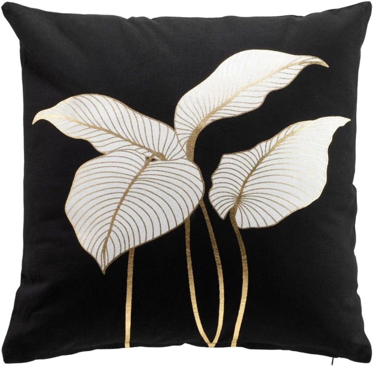 Cushion 45 x 45 cm met zwarte en gouden bladeren, plantenpatroon, katoen met rits, inclusief vulling, moderne decoratieve kussen voor bank of stoel