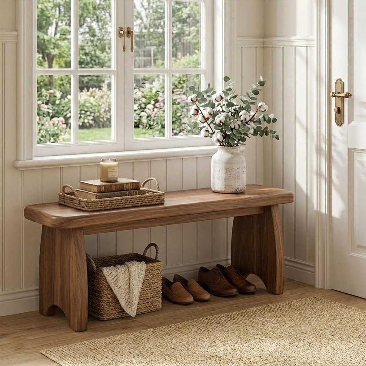 Massief Houten Bank - Landelijke Schoenenbank - Hal Entree - Robuuste Constructie - 60cm - Houtkleur