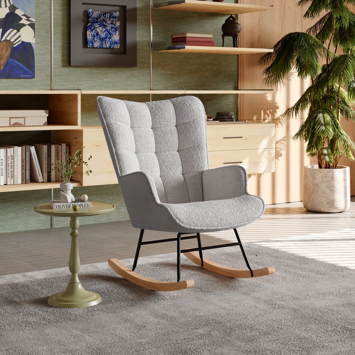 ROSAHQNDA Schommelstoel - Relaxstoel babykamer - Fauteuil met kussen- Schommelstoel met hoge rug - Massief houten en metalen frame - Lichtgrijs