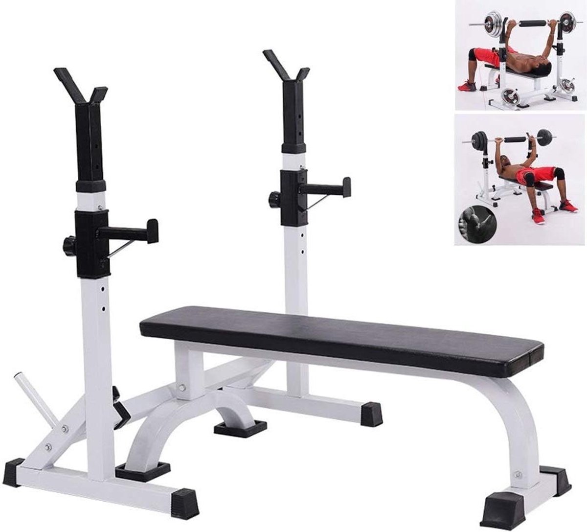 Halterbank Squat Rack - Fitness Station - Kracht Training - Stabiele Constructie - 200kg Capaciteit - Wit