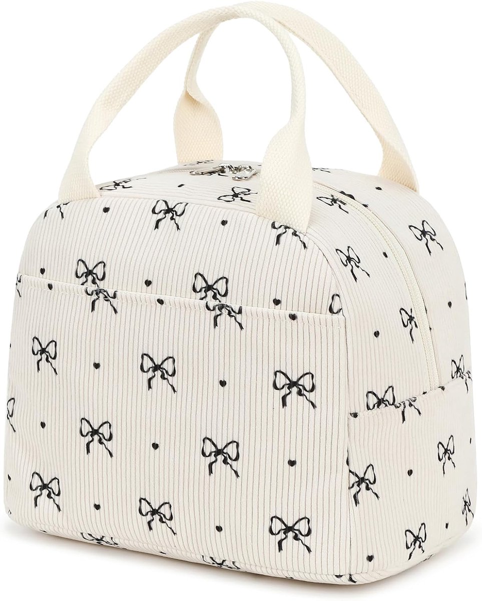 Stijlvolle, geïsoleerde lunchtas met strik, speciaal ontworpen voor meisjes, perfect voor school en woon-werkverkeer. Er passen twee maaltijden in en er passen diverse lunchboxen, ronde bakjes en lunchboxen met een bijzondere vorm in.