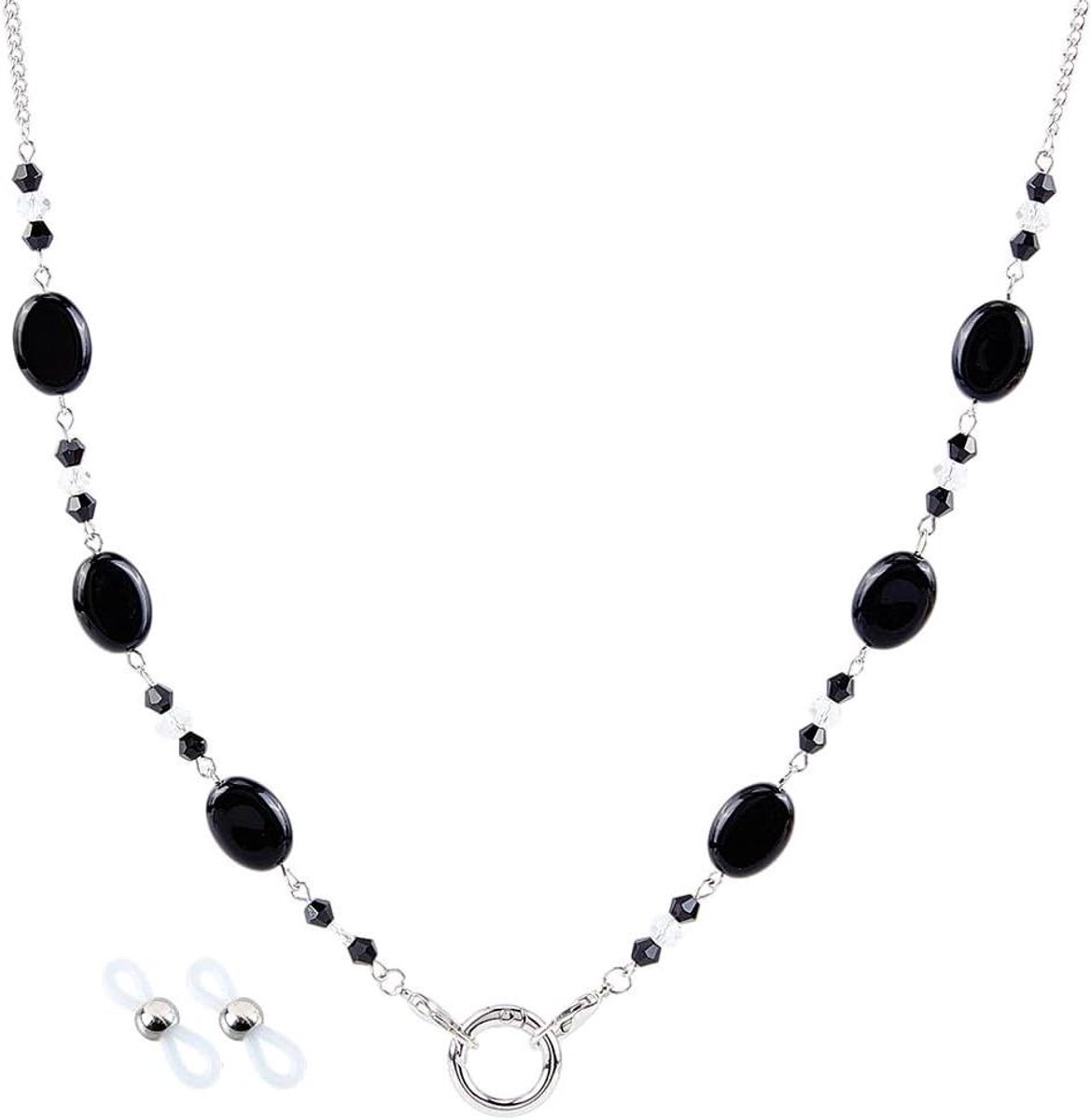 Brilketting Kristal Kralen - Brilkoord Ketting - Veilig Bril Dragen - Met Rubberen Lus - 70 cm - Zwart