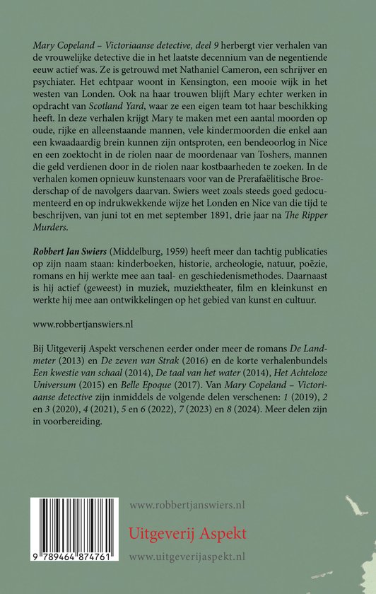 Boekomslag "Mary Copeland Victoriaanse detective" met afbeelding van een barcodenummer.