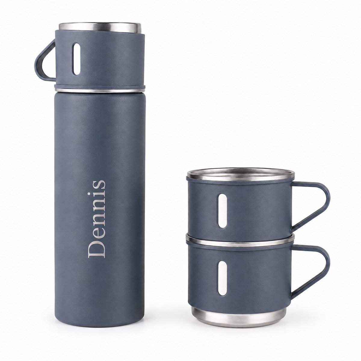 Engravia by Derya – Permanente Gravure Thermosfles Set – Hoogwaardig RVS – Dubbelwandige Isolatie – Blauwgrijs / Donkerblauw – Cadeau voor Reizen, Werk of Outdoor Gebruik