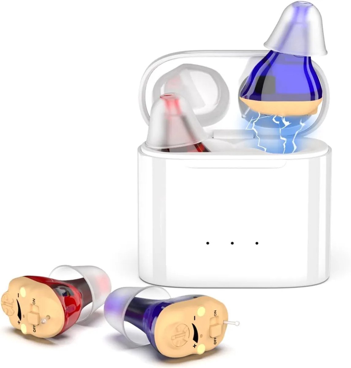 Hoortoestellen, draadloos oplaadbare hoortoestellen, hoortoestellen met magnetische oplaadcase, tweekanaals digitale in-ear hoortoestellen met ruisonderdrukking.