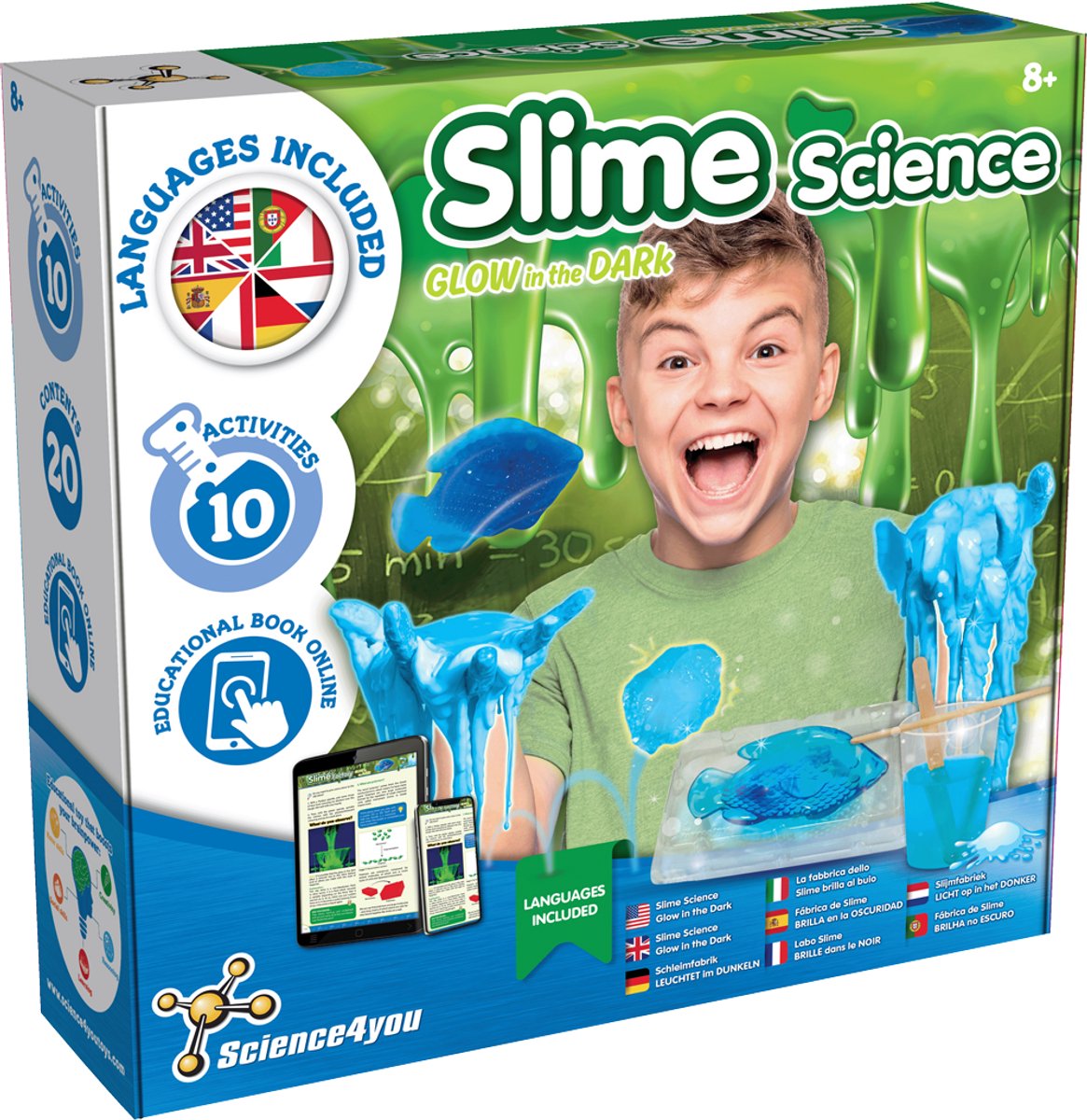 Science4you - Slime-fabriek voor kinderen + 8 jaar - wetenschappelijke slijmset met 10 experimenten voor kinderen: slijm brandt in het donker, chemielaboratorium, educatief spel kinderen 8 jaar