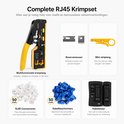 Compleet RJ45 krimp set met tang, strippers, 50 connectoren en 50 kabelbeschermers.