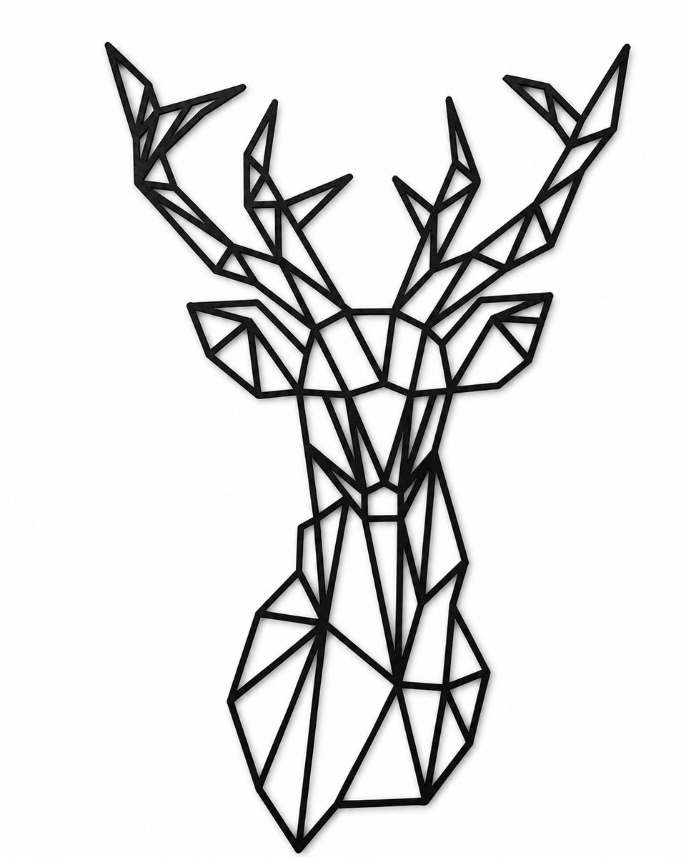 Houten wanddecoratie - Wooden wall decoration | Hertenkop (asymmetrisch) 45 x 68cm Deer head (asymmetric) | Zwart - Black | Geometrische muurdecoratie - Geometric wall art - Origami Design Wandfiguur - Wild - Ree - Rendier