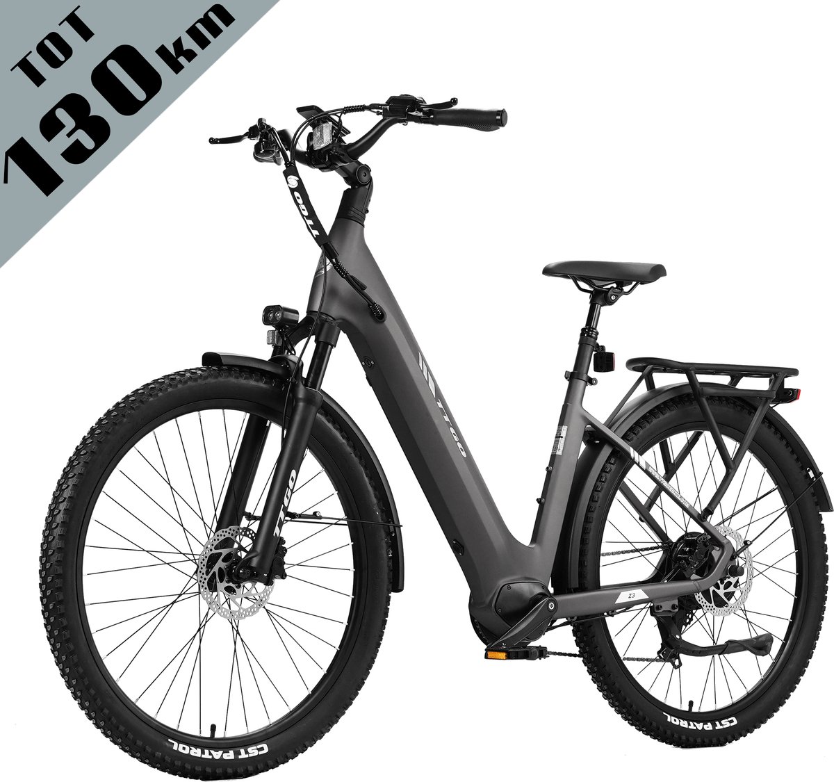 TTGO Z3 Elektrische Fiets – 48V 15Ah Accu (720Wh) – Achterwielmotor – Actieradius tot 130 km – 27.5×2.4 Inch Banden – LCD Display – Shimano 7 Versnellingen – Hydraulische Schijfremmen – Stadsfiets – Max. Belastbaar 125 kg – Grijs