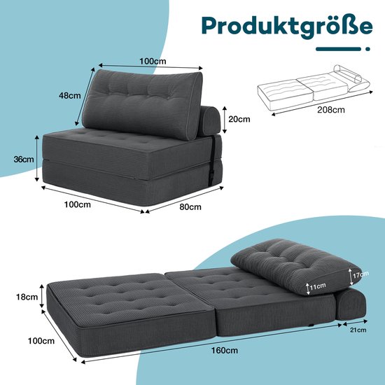 Grijze vouwbed stoel met afmetingen 100x100x48cm en uitgevouwen als bed met afmetingen 208x100cm. Ook afmetingen van het uitgevouwen ligvlak.