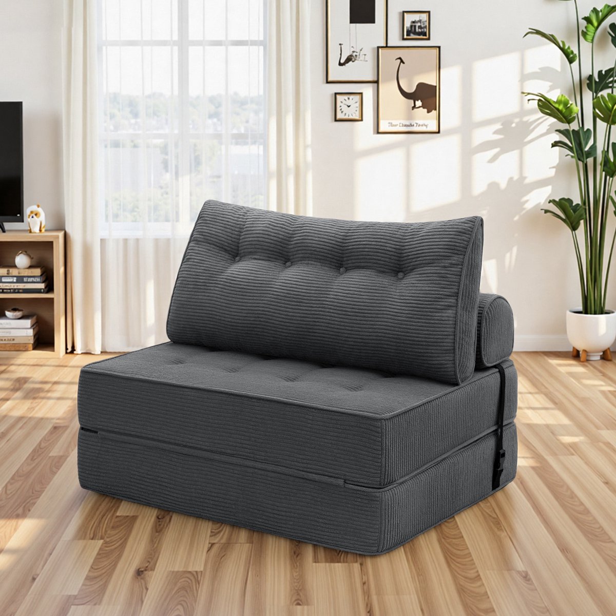 Hommpa Opvouwbare Slaapbank 160×100 cm Twin – Klapbed met Kussen, Hoge Dichtheid Schuim, Stoel en Ligfunctie voor Woonkamer en Slaapkamer, Grijs