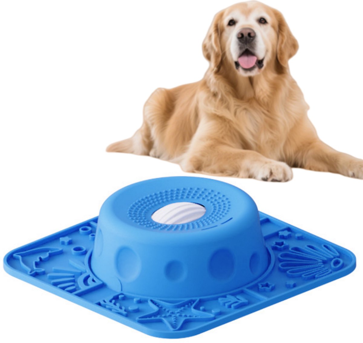 2-in-1 Likkom voor huisdieren — Bolvormige, antislip Slow Feeder-kom voor honden — Multifunctionele Slow Feeder (Blauw, Oceanthema)