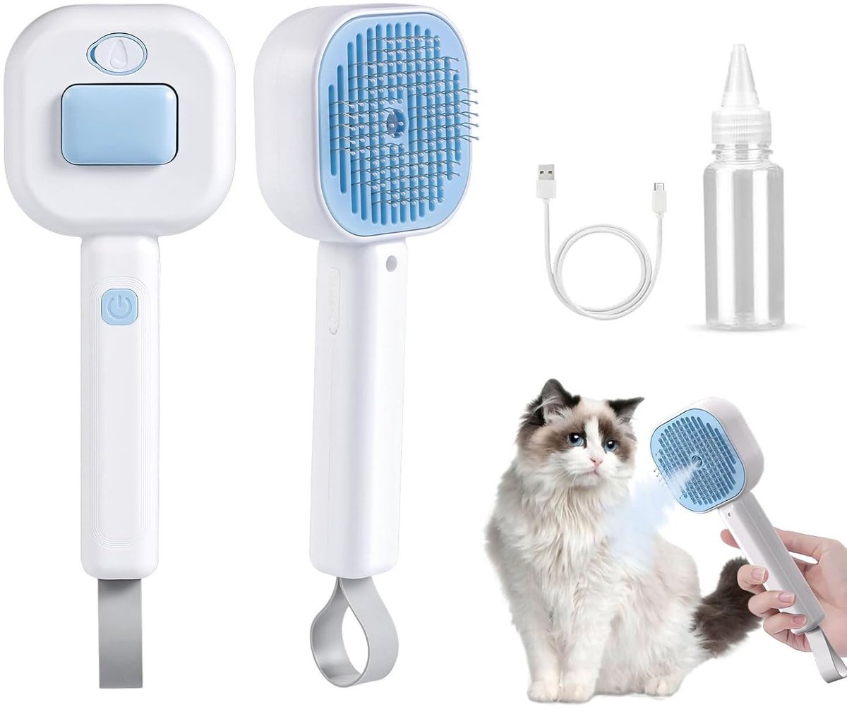 Huisdier Stoomborstel – Katten Verzorgings- en Massagekam met Sprayfunctie – Oplaadbare Ontklit Borstel Wit/Blauw