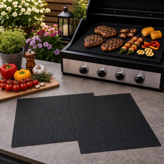 Pradeo - Set Van 2 Stuks - Barbecue Grillmat - BBQ Anti Aanbak Matje - Teflon - Oven Beschermer - Herbruikbare Grillmatten – 40x30cm - Open Gaas Variant