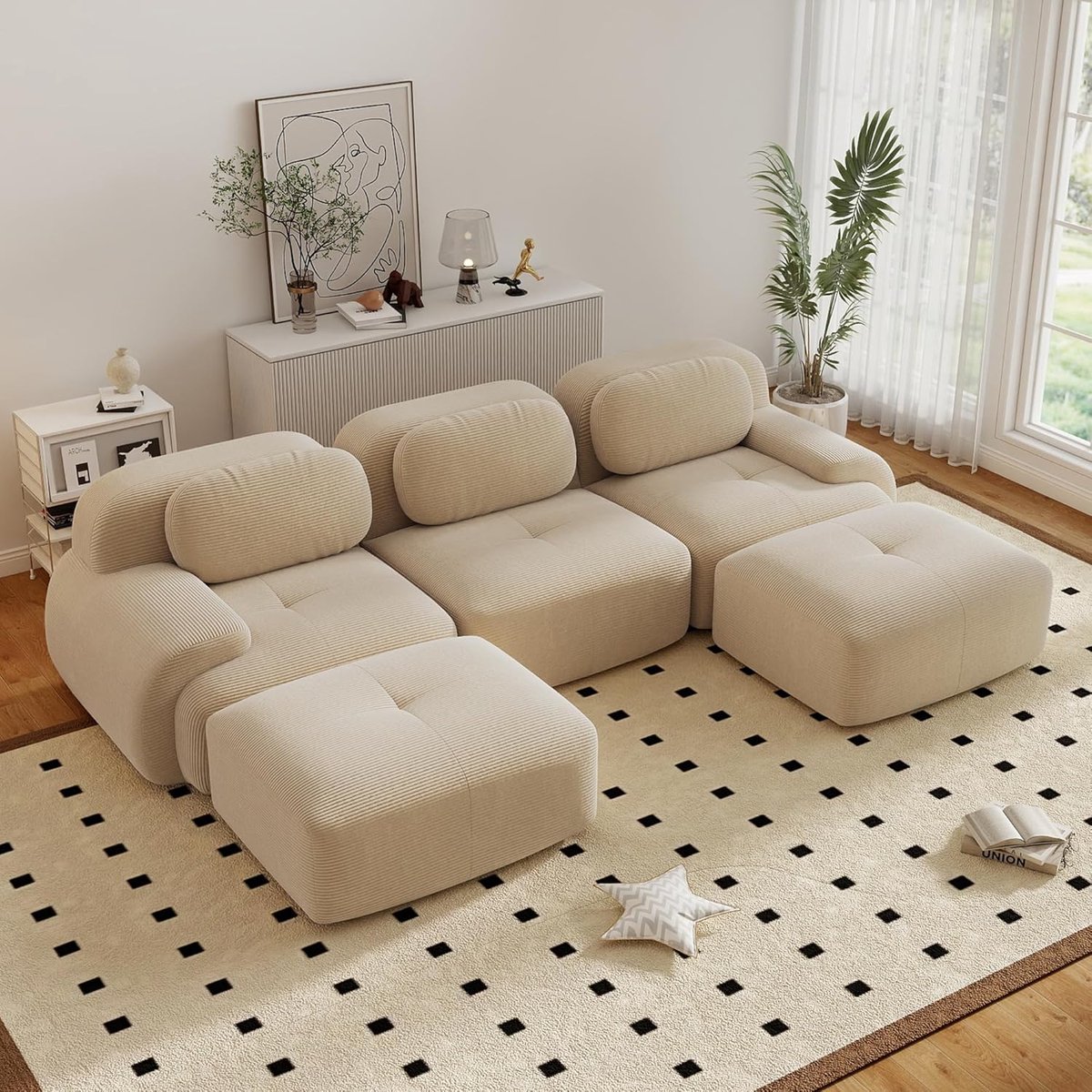 Zubaliya Moderne Hoekbank, U-Bank, 3-Zitsbank, Moderne 298 cm Brede, Converteerbare Hoekbank met 2 Voetenbankjes, U-vormige Modulaire Corduroy Bank, Compacte Bank voor 3-6 Personen voor de Woonkamer, Extra Diepe Zitting, Geen Montage Nodig-Beige