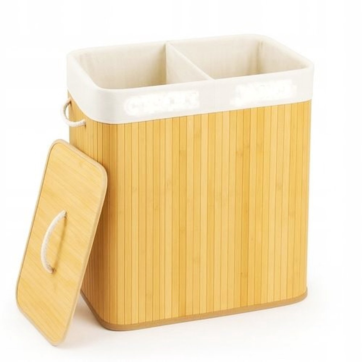 Bamboe Wasmand 80 Liter met Deksel – Dubbele Wasbox voor Donkere en Lichte Was