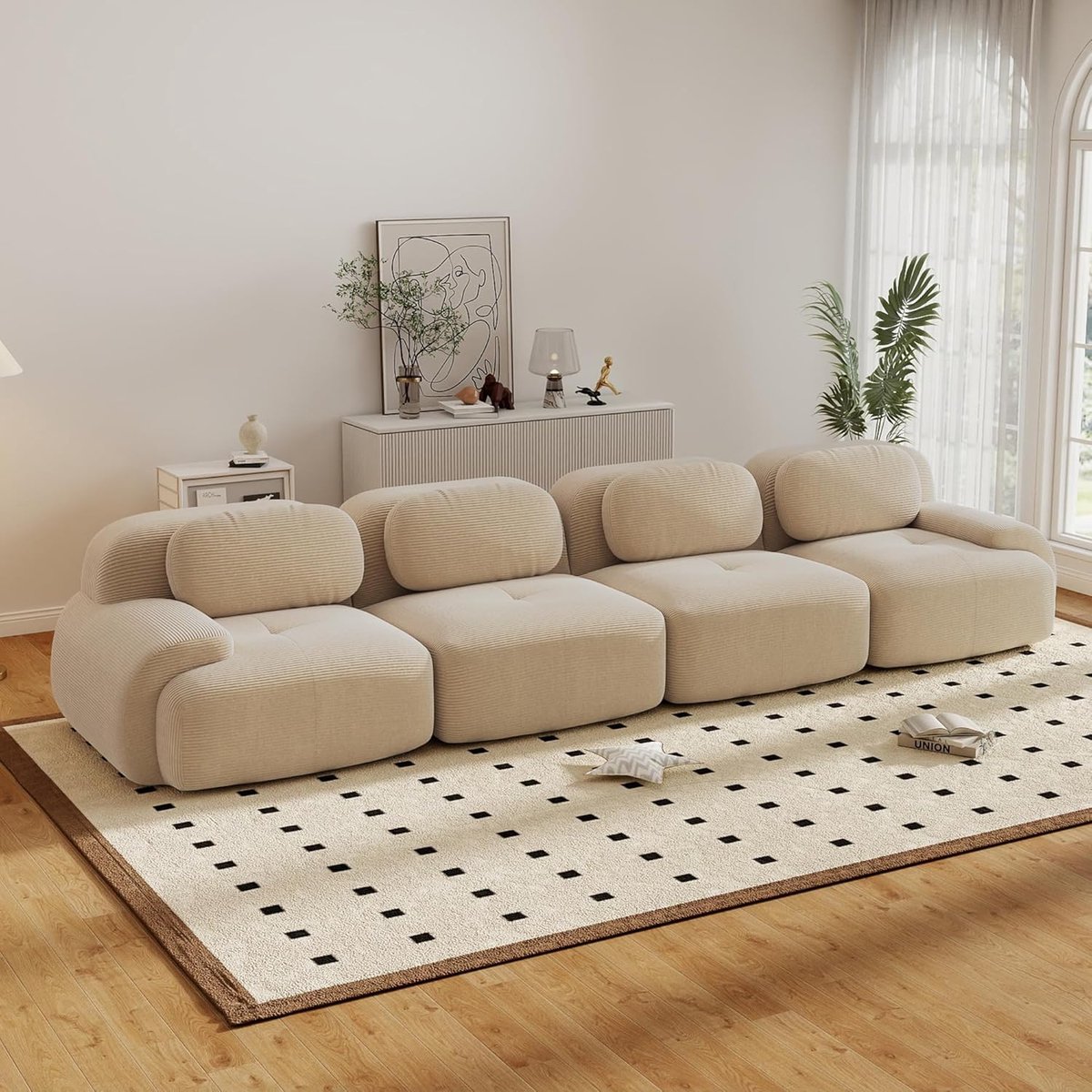 Zubaliya 4-zits Converteerbare Hoekbank, 388 cm, Moderne Modulaire Bank met Diepe Zitting, Extra Grote Gewatteerde Corduroy Bank voor de Woonkamer, Geen Montage Nodig-Beige
