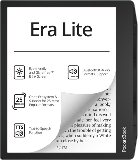 De PocketBook Era Lite e-reader met kenmerken zoals een oogvriendelijk 7" E Ink-scherm.