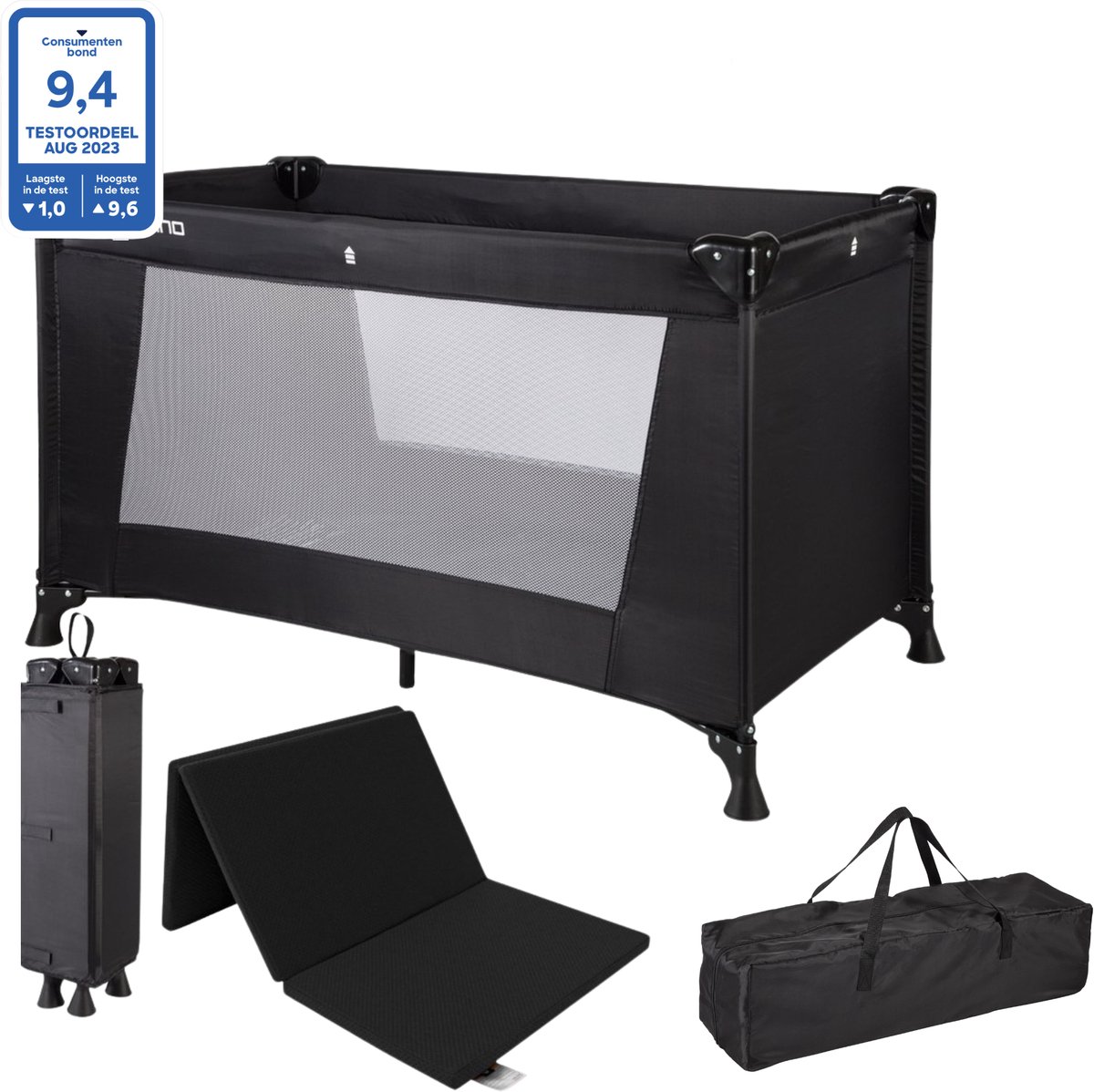 Bol.com Cabino Campingbedje / Reisbedje Opvouwbaar set Inclusief Transporttas en Matras – 120 x 60 cm - Zwart aanbieding