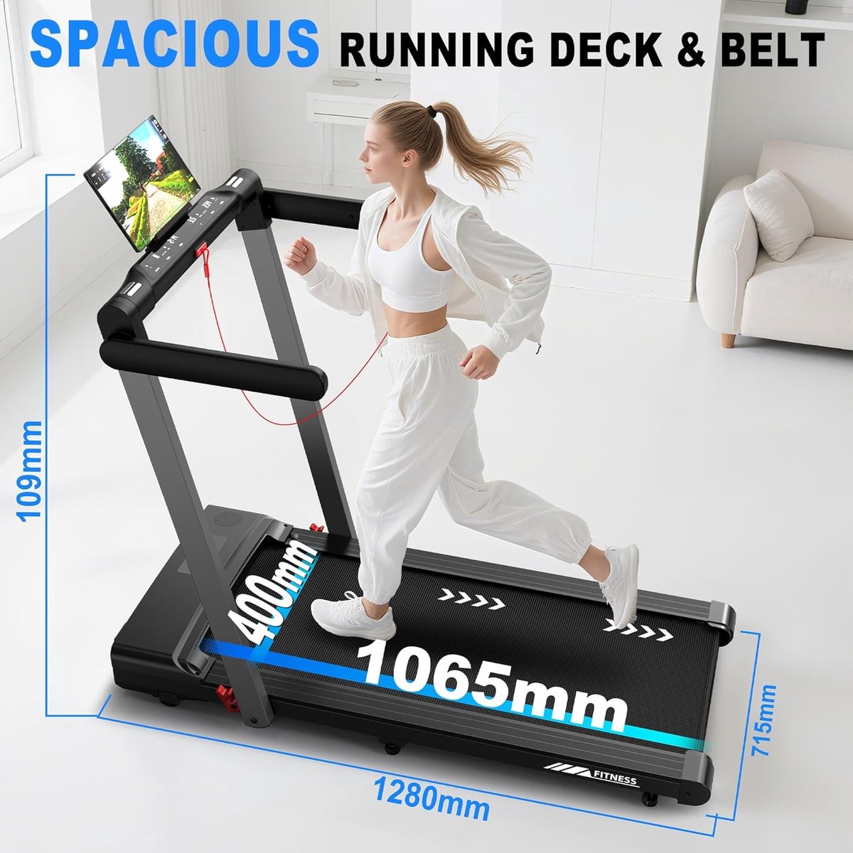 FitStride Pro 3-in-1 Inklapbare Loopband met Bluetooth, Wandelpad en Hardloopfunctie tot 12 km/u, 2.5 PK Motor, Dubbel LED Display, 12 Trainingsprogramma’s, App-bediening en Afstandsbediening, 128 x 71,5 x 109 cm