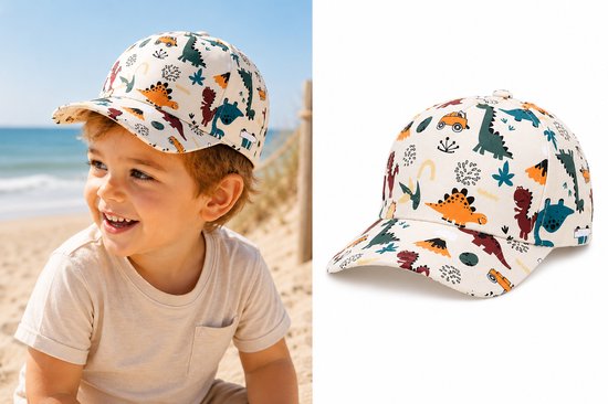 Dinosaurus Kinderpet – Crème – Verstelbare Pet voor Jongens – Maat 52 – 2-4 Jaar