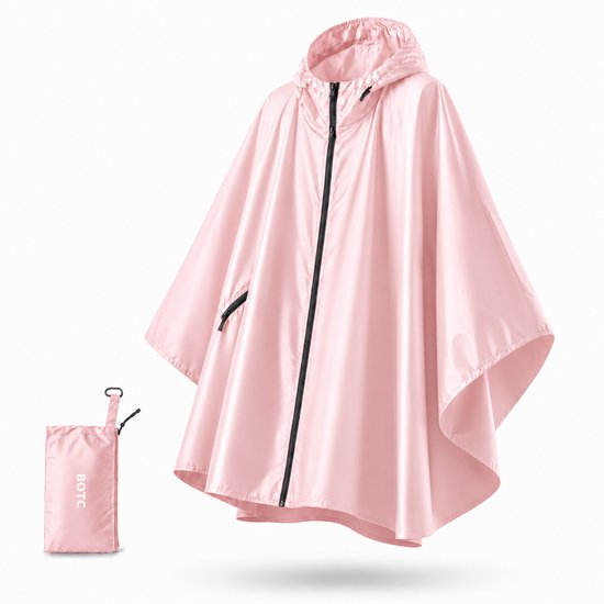 Roze lichtgewicht regenponcho met rits en opbergzakje ernaast, studio-opname.