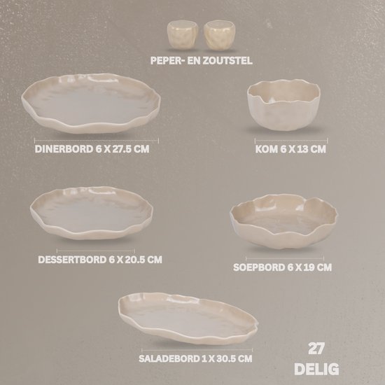 Afbeelding van de onderdelen van het taupe servies: dinerbord, dessertbord, saladebord, kom en soepbord.