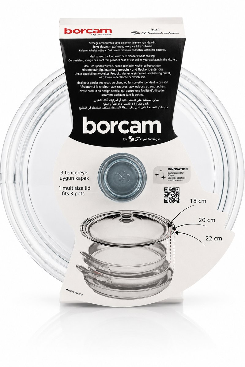 Borcam 590220 - Multisize Glazen Deksel – Universeel 3in1 Deksel voor 18 cm, 20 cm & 22 cm Pannen en Ovenschalen