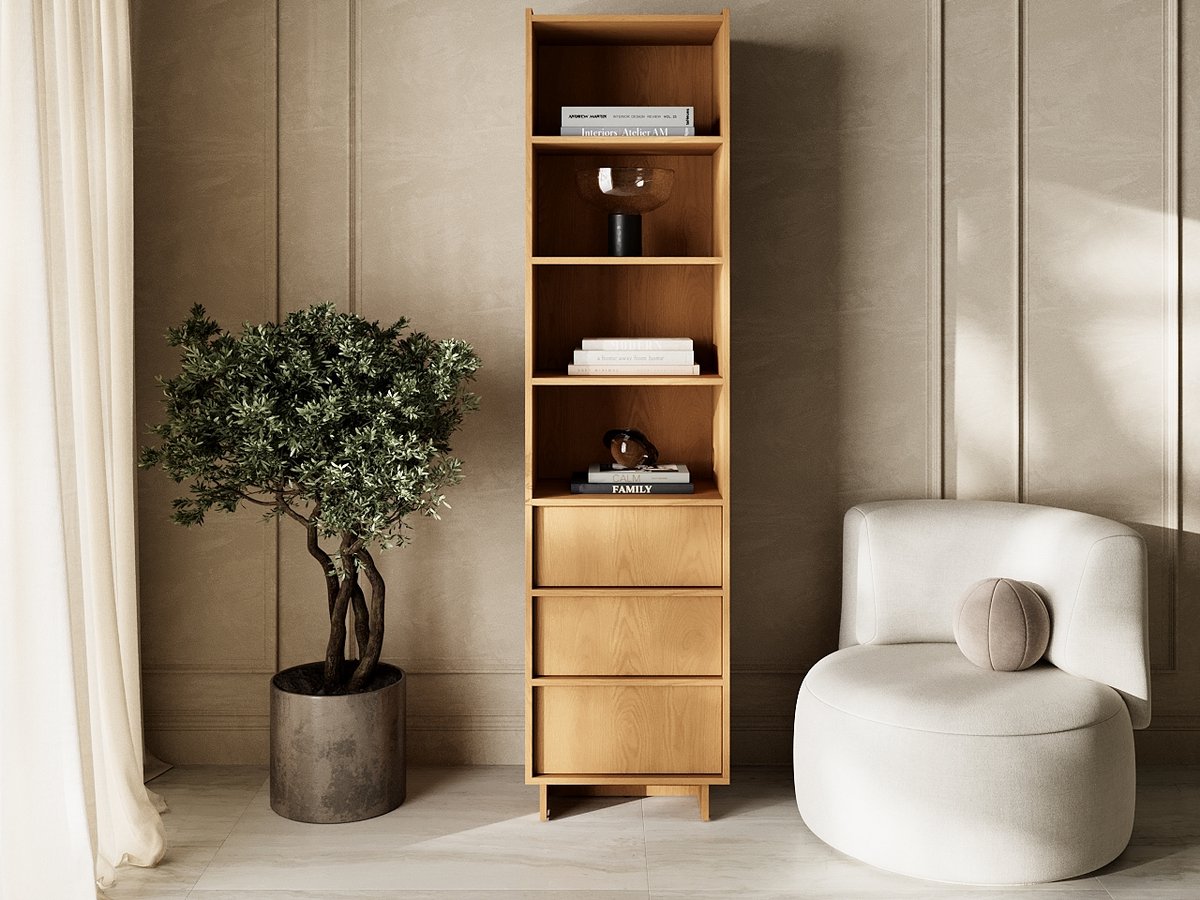 GrainGold – Boekenkasten Azumi – Karamel eiken - Met Lades - Modern Scandinavisch Design - 50 cm