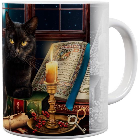 Zwarte kat met gele ogen zit op boeken bij kaarslicht, open boek en perkament.