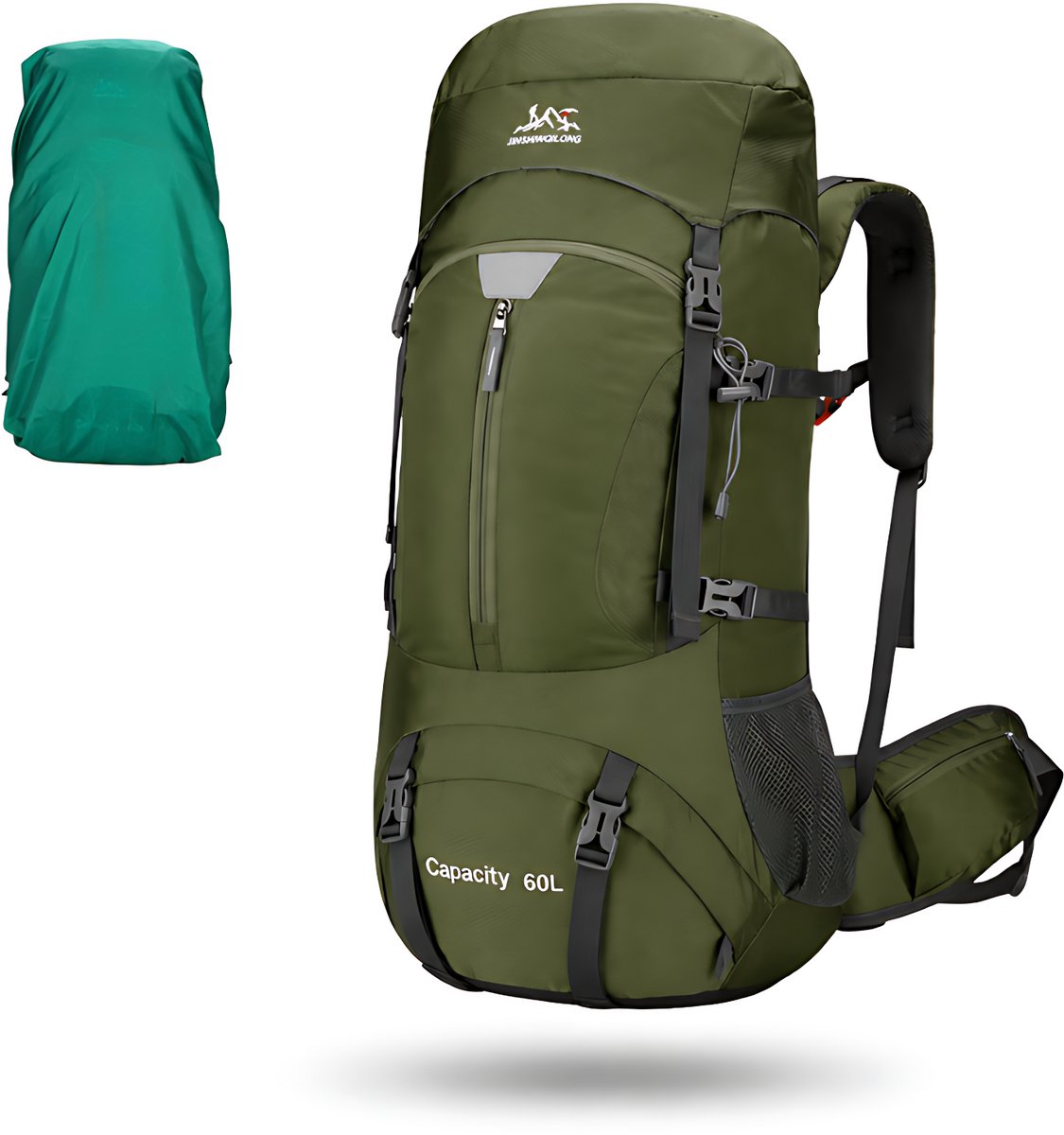 CarryQuest® 60L Hiking Rugzak - Waterdichte Trekking Backpack met Regenhoes, Drinksysteem, MOLLE-Systeem & Front-/Toploader - Legergroen