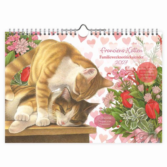 Familieweeknotitiekalender 2027 met twee katten, bloemen en harten.