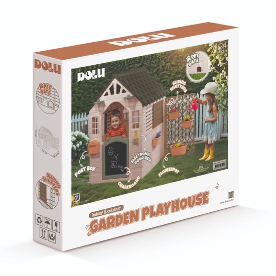 Doos van Dolu Garden Playhouse speelhuisje met afbeeldingen van kinderen en accessoires.