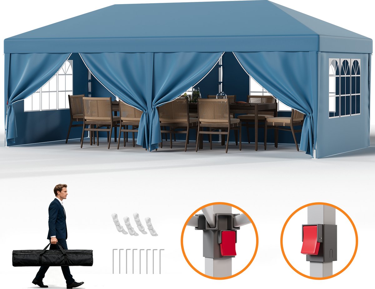 Devoko Partytent-Opvouwbaar Tuinpaviljoen 3x6 m met Zijwanden–Waterdicht & UV-bestendig–opbergtas–30 seconden pop-up opzet–Blauw
