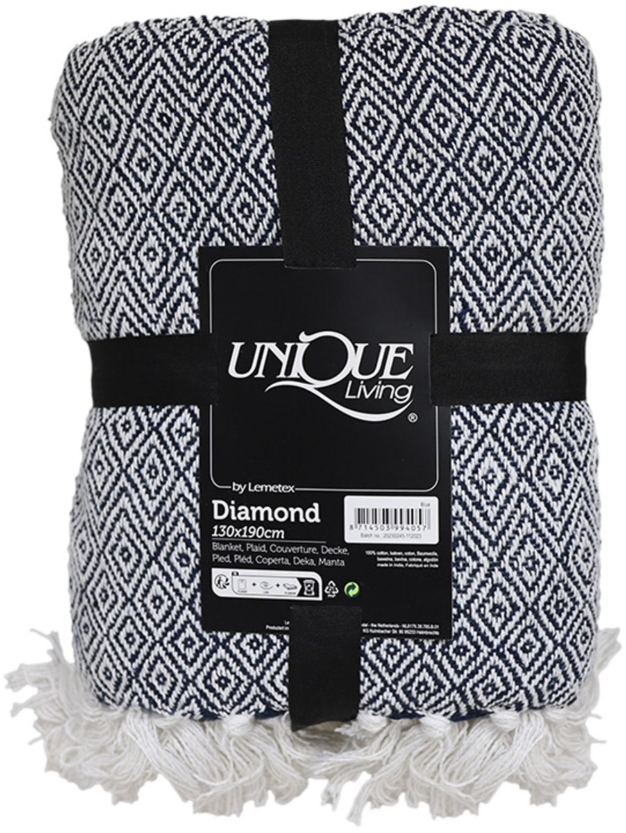 Unique Living Plaid - Diamond - Donker Blauw - Wit - met tassels - 130 x 190 cm