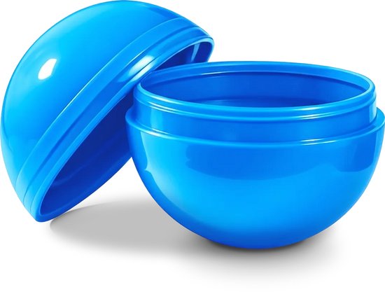 Blauwe plastic bal, half open, met deksel ernaast.