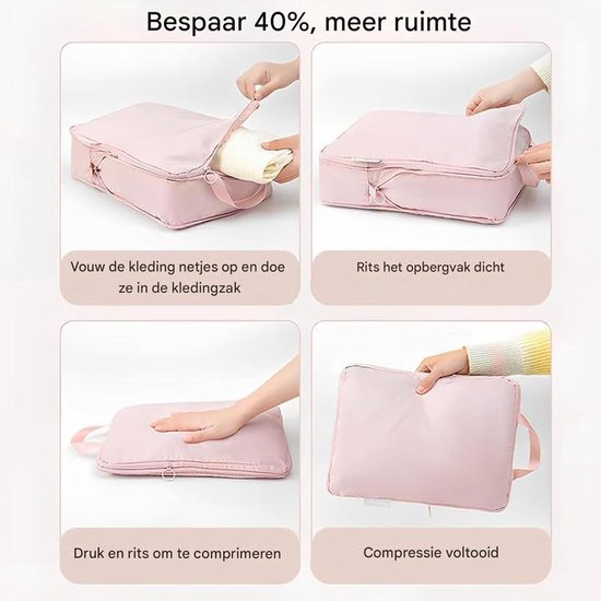 Compressie Verpakking Kubussen - Reis Opbergzakken - Bagage Organiseren - Ruimtebesparend Ontwerp - 6 Stuks Set - Roze — afbeelding 5