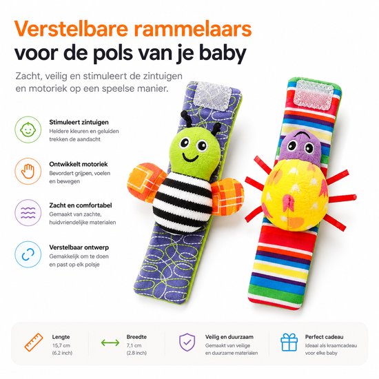 Twee verstelbare pols rammelaars: paarse met groene bij en gestreepte met gele lieveheersbeestje. Zacht en veilig.